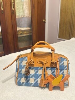 Dooney & Bourke Blue Plaid Mini Satchel with Tan Leather Trim